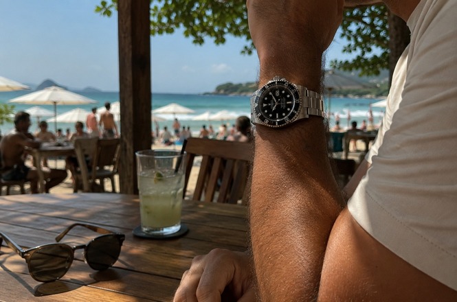 Foto horizontal: pessoa sentada à mesa de restaurante à beira-mar, com relógio no pulso, óculos e bebida sobre a mesa.