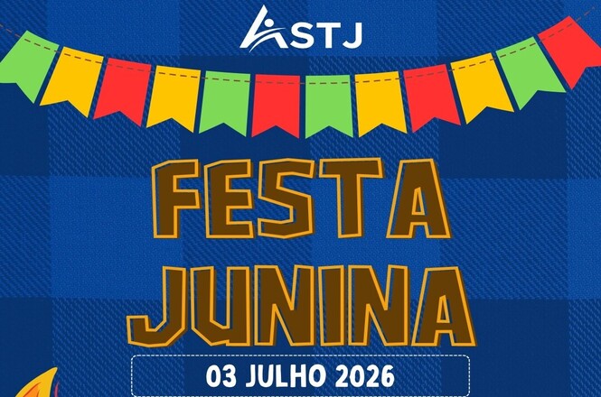 Arte gráfica: divulgação da Festa Junina do Superior Tribunal de Justiça (STJ), com bandeirinhas coloridas e informações sobre a realização do evento em 3 de julho de 2026.