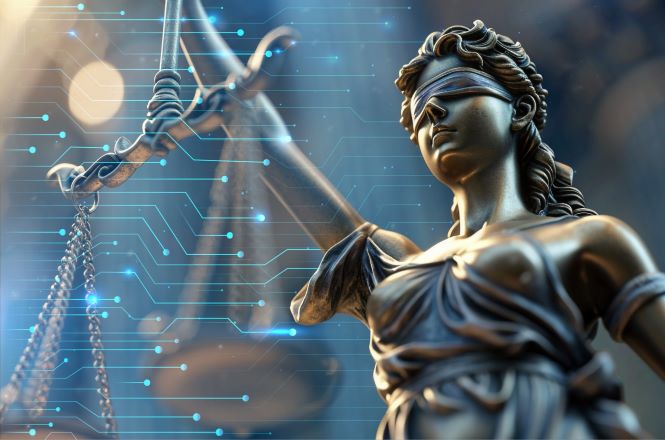 Ilustração da estátua da Justiça (Themis) em primeiro plano, com os olhos vendados e segurando uma balança. Ao fundo, elementos gráficos em azul que remetem a circuitos eletrônicos e tecnologia digital se sobrepõem à imagem, simbolizando a integração entre o Direito e a inteligência artificial. A composição utiliza tons de azul e cinza, com iluminação suave e aspecto moderno.