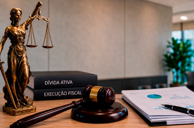 Foto horizontal: arte ilustrativa com estátua da Justiça, martelo, documentos e livros sobre dívida ativa e execução fiscal, diante da identidade visual do Poder Judiciário de Santa Catarina.