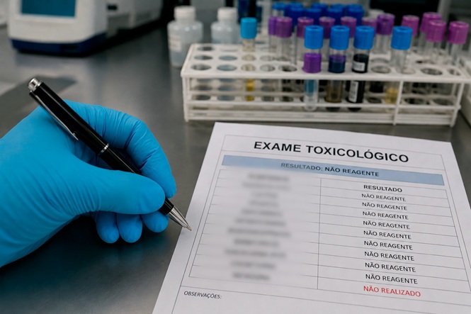Foto horizontal: mão com luva segura caneta sobre laudo de exame toxicológico em laboratório, com tubos de coleta e amostras ao fundo.