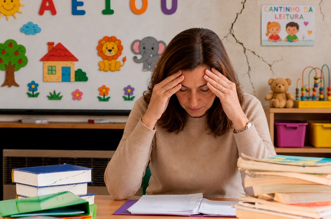Foto horizontal: professora segura a cabeça enquanto analisa documentos em sala de aula, em imagem que representa sobrecarga emocional e desafios da atividade docente.