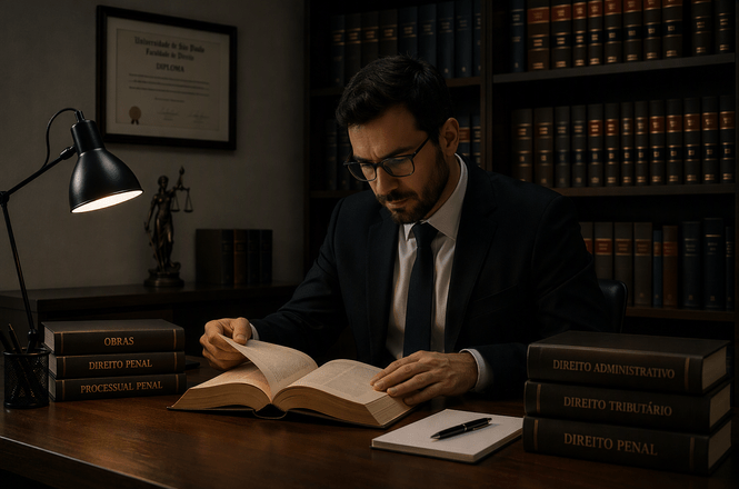 Horizontal: Pessoa consulta livro em escritório jurídico, com estantes de obras e iluminação interna acolhedora.
