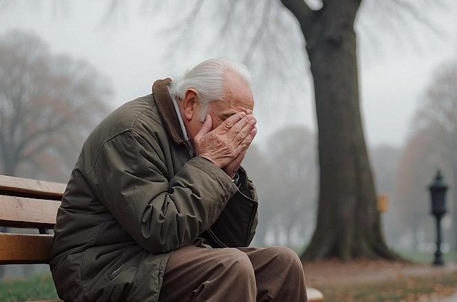 Horizontal: Pessoa sentada em banco de praça arborizada, com árvores, neblina e ambiente externo ao fundo.