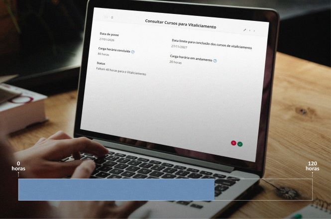 Fotografia de uma pessoa utilizando um notebook sobre uma mesa de madeira. Na tela do computador está aberta a página "Consultar Cursos para Vitaliciamento", com informações sobre a data de posse, data limite para conclusão dos cursos, carga horária concluída, carga horária em andamento e o status do cumprimento das horas exigidas. Na parte inferior da imagem há uma barra horizontal de progresso em azul, indicando visualmente a carga horária realizada em uma escala que vai de 0 a 120 horas. A imagem ilustra o acompanhamento do progresso dos cursos necessários para o processo de vitaliciamento.