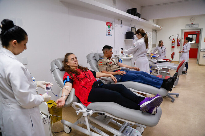 Foto horizontal: profissionais de saúde acompanham doadores durante coleta de sangue em hemocentro, enquanto pacientes permanecem acomodados em poltronas para o procedimento.