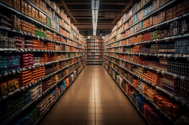 Corredor de supermercado com prateleiras abastecidas por produtos alimentícios e de consumo.