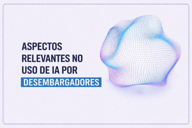 Banner com fundo branco e borda fina em tom lilás. À esquerda, em letras maiúsculas azul-escuras, lê-se: “Aspectos Relevantes no Uso de IA por Desembargadores”, com a palavra “Desembargadores” destacada sobre uma faixa azul-clara. À direita, há uma ilustração abstrata em formato orgânico, composta por milhares de pontos em degradê de azul, lilás e rosa, remetendo à inteligência artificial e à inovação tecnológica.