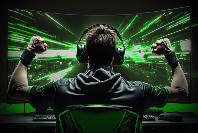 Pessoa usa fones diante de computador, em referência aos jogos eletrônicos e aos eSports.
