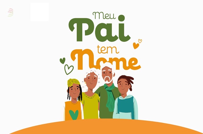 Arte da campanha "Meu Pai Tem Nome", com ilustração de família e elementos em tons de verde e laranja.