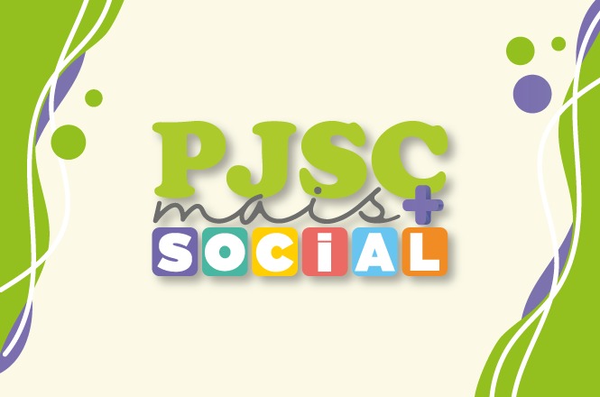 Arte gráfica com a identidade visual do programa PJSC Mais Social, em fundo claro com elementos coloridos.