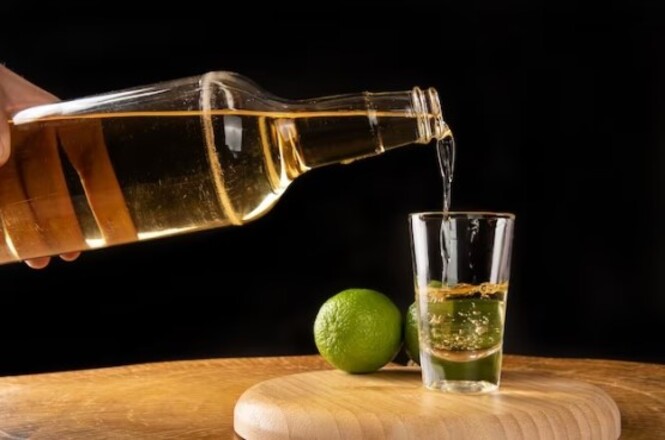 Garrafa despeja bebida alcoólica em copo ao lado de um limão sobre superfície de madeira.