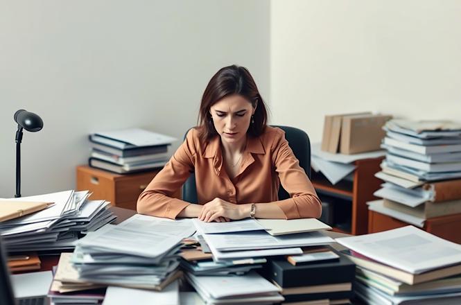 Mulher analisa documentos em mesa com pilhas de processos e papéis em ambiente de escritório.