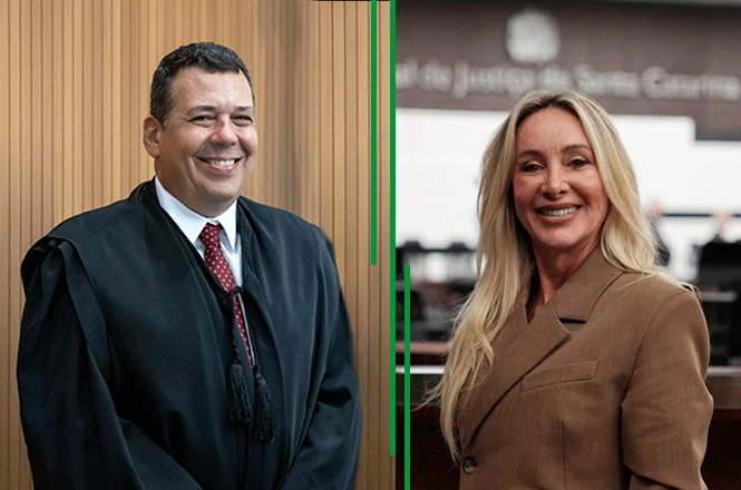Foto horizontal: montagem com retratos do desembargador Cláudio Régis de Figueiredo e Silva e da desembargadora Margani de Mello.