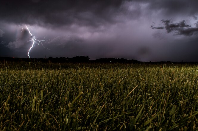 Foto horizontal: raio corta o céu durante tempestade sobre área de vegetação, sob nuvens escuras.