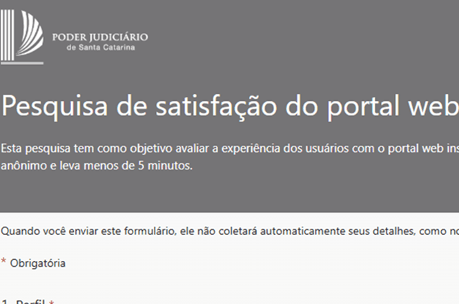 Foto horizontal: recorte do cabeçalho da pesquisa de satisfação com o logo do PJSC e o texto "pesquisa de satisfação do portal web"