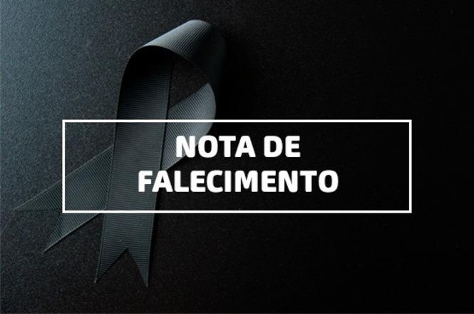 Arte gráfica: nota de falecimento em fundo preto, com laço preto em sinal de luto.
