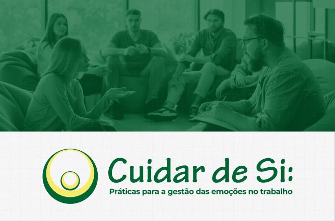 Banner do programa “Cuidar de Si”. Na parte superior, há uma fotografia com filtro verde mostrando um grupo de pessoas reunidas em um ambiente interno, sentadas em círculo e conversando. Na parte inferior, sobre fundo branco com uma discreta textura quadriculada, aparece o logotipo do programa à esquerda e, ao lado, os dizeres “Sensibilização para a importância de” e, em destaque, “Cuidar de Si”, em letras verdes.