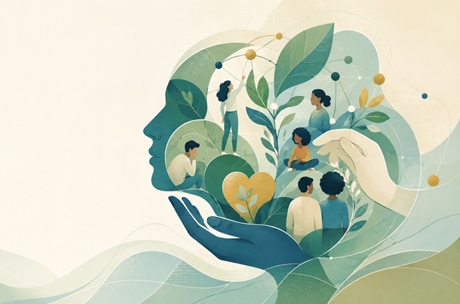 Arte horizontal mostra perfil humano com pessoas e plantas, simbolizando cuidado, acolhimento e saúde mental.