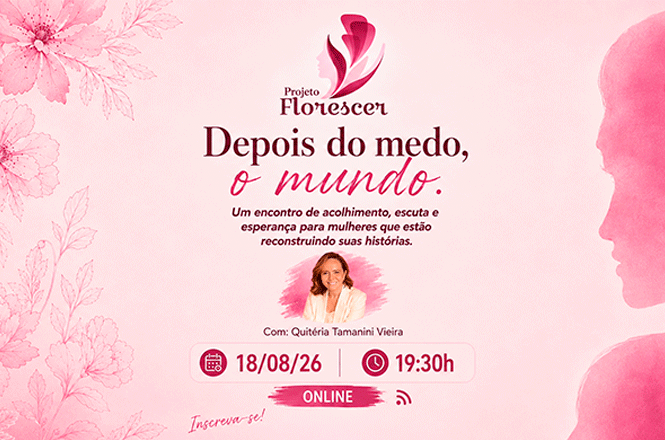 Arte horizontal rosa divulga encontro online do Projeto Florescer, em 18 de agosto, às 19h30.