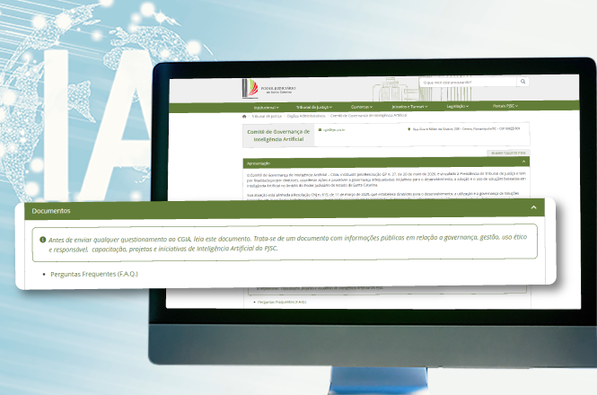 Arte horizontal mostra tela do portal do PJSC com página do Comitê de Governança de Inteligência Artificial.