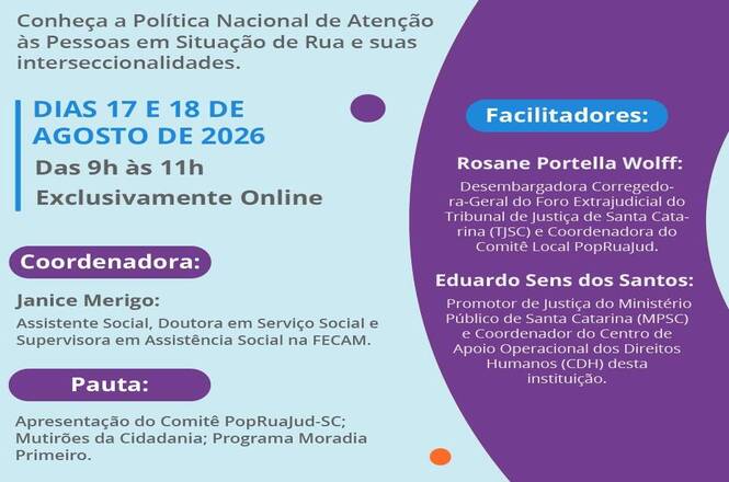Arte horizontal azul e roxa divulga formação online sobre políticas de atenção às pessoas em situação de rua.