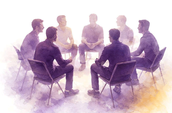 Arte horizontal em tons roxos mostra homens sentados em círculo durante encontro de diálogo em grupo.