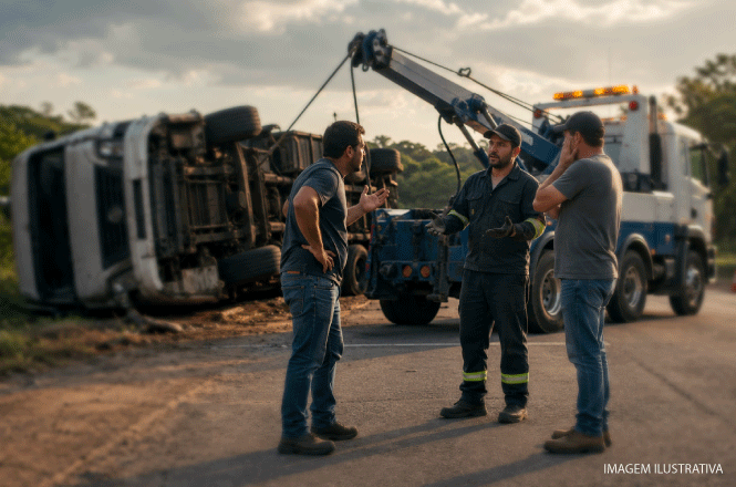 Foto horizontal ilustrativa: três homens discutem em uma rodovia, ao lado de caminhão tombado e veículo de reboque.