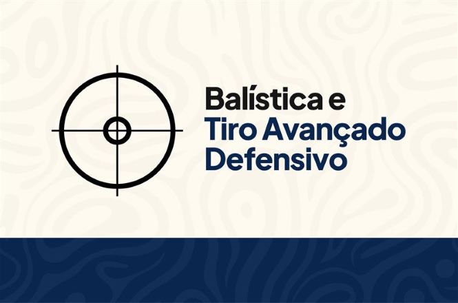 Imagem retangular, com fundo claro e textura abstrata. À esquerda, há um símbolo de mira formado por um círculo com linhas horizontais e verticais que se cruzam no centro. À direita, em letras grandes, está o texto “Balística e Tiro Avançado Defensivo”, com “Balística e” em preto e “Tiro Avançado Defensivo” em azul-escuro. Na parte inferior, há uma faixa horizontal azul-escura com a mesma textura abstrata do fundo.