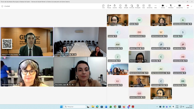 Foto horizontal: tela de videoconferência reúne participantes em encontro virtual sobre saúde mental no sistema socioeducativo de Santa Catarina.