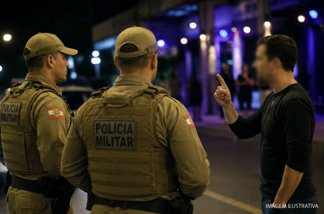 Foto horizontal ilustrativa: homem gesticula durante abordagem de dois policiais militares em via pública no período noturno.