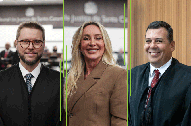 Arte horizontal: desembargadores Giancarlo Bremer Nones, Margani de Mello e Cláudio Eduardo Regis de Figueiredo e Silva aparecem sorridentes em retratos apresentados lado a lado.
