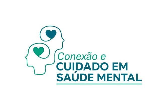 Arte horizontal: ilustração de dois perfis humanos com corações acompanha o texto “Conexão e Cuidado em Saúde Mental”, em tons de verde e azul.