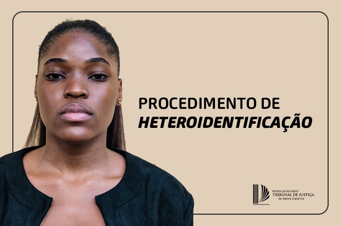 Arte horizontal: mulher negra aparece em destaque ao lado do texto “Procedimento de Heteroidentificação” e da marca do Tribunal de Justiça de Santa Catarina.