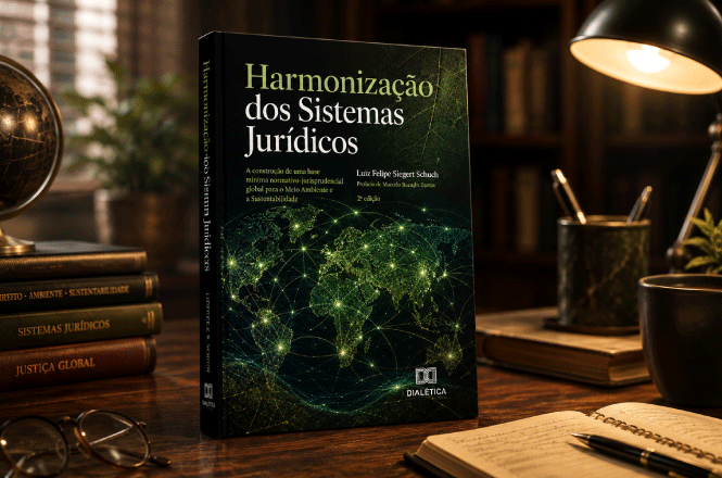 Foto horizontal: livro “Harmonização dos Sistemas Jurídicos”, de Luiz Felipe Siegert Schuch, aparece em destaque sobre mesa, em ambiente com livros e objetos de escritório.