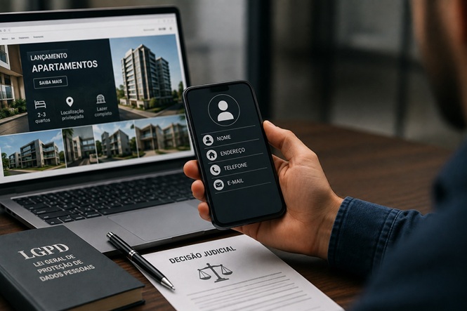 Foto horizontal: pessoa segura celular com dados pessoais na tela, diante de notebook com anúncio de imóveis e documento sobre decisão judicial.
