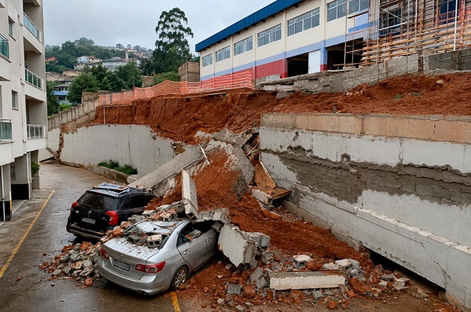 Foto horizontal: deslizamento de terra e queda de muro atingem veículos estacionados ao lado de uma edificação.