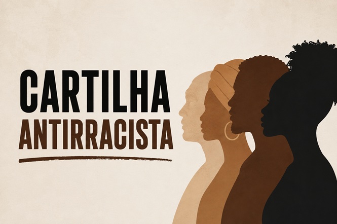 Arte horizontal: inscrição “Cartilha Antirracista” aparece ao lado de silhuetas de mulheres em diferentes tons de pele, sobre fundo claro.