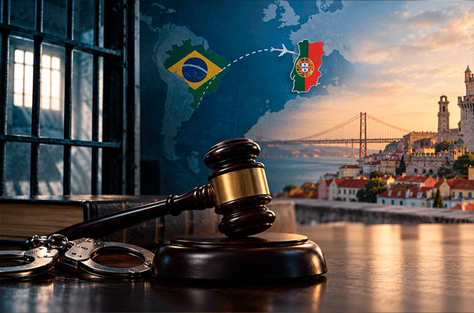Foto horizontal: imagem ilustrativa reúne martelo de juiz e algemas, com mapa e bandeiras do Brasil e de Portugal ao fundo.