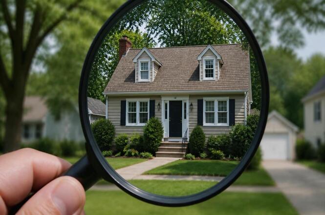 Foto horizontal: mão segura uma lupa que destaca a fachada de uma casa, cercada por árvores e jardim.