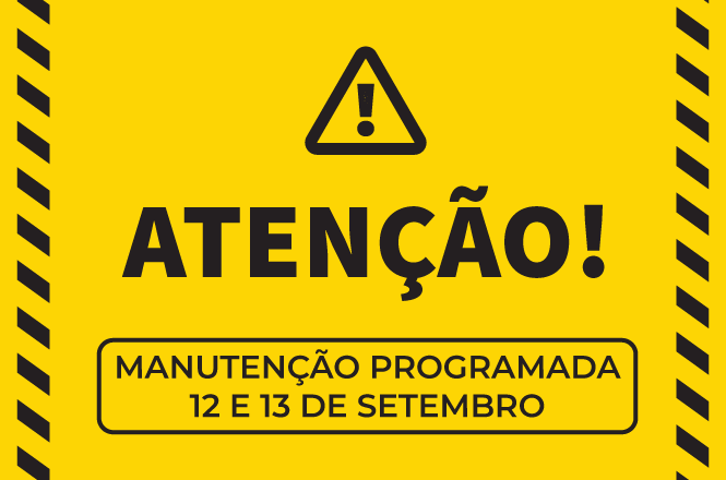 Arte horizontal: aviso em amarelo e preto informa manutenção programada para os dias 12 e 13 de setembro, com símbolo de atenção ao centro.