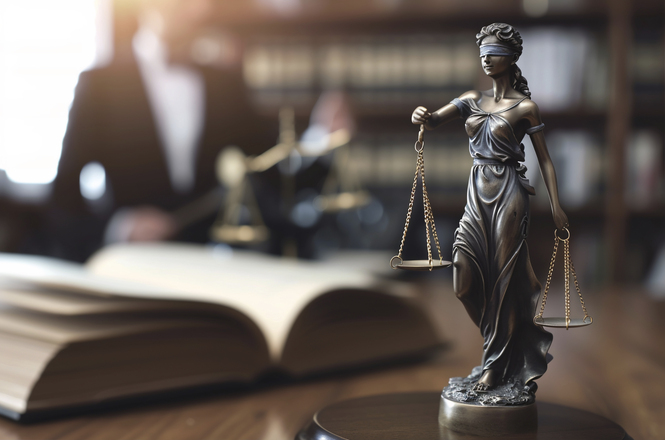 Foto horizontal: estatueta da Justiça, com os olhos vendados e balança nas mãos, aparece em primeiro plano diante de livro aberto.