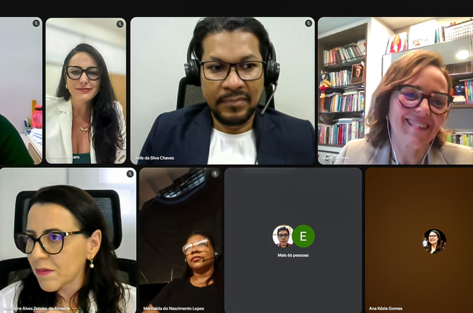 Foto horizontal: participantes aparecem em videoconferência, distribuídos em janelas na tela durante reunião virtual.