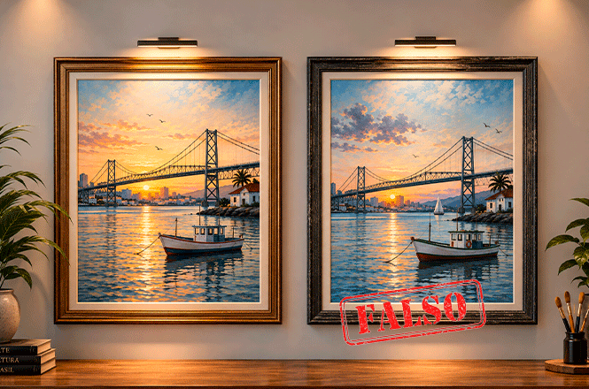 Arte horizontal: dois quadros semelhantes retratam ponte e barco; o da direita recebe carimbo vermelho com a palavra “FALSO”.