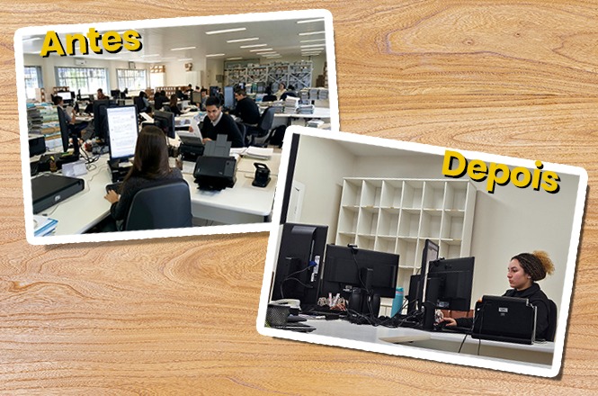 Arte horizontal: montagem compara o antes e o depois de um ambiente de trabalho, com mudanças na ocupação e organização do espaço.