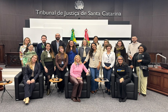 Foto horizontal: grupo de participantes posa para foto no plenário do Tribunal de Justiça de Santa Catarina.