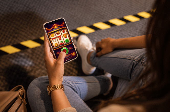 Foto horizontal: pessoa de jeans segura celular com jogo de caça-níquel aberto na tela, em referência a apostas on-line.