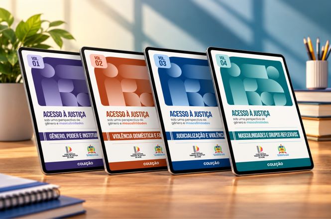 Imagem promocional com quatro tablets alinhados sobre uma mesa de madeira, exibindo capas de e-books da coleção Acesso à Justiça sob uma perspectiva de gênero e masculinidades. As capas aparecem em diferentes cores: roxa, laranja, azul e verde-água. Entre os títulos visíveis estão temas como gênero, violência doméstica, judicialização da violência e masculinidades. Ao fundo, há um ambiente de escritório desfocado, com planta, livros e porta-lápis, iluminado por luz natural.
