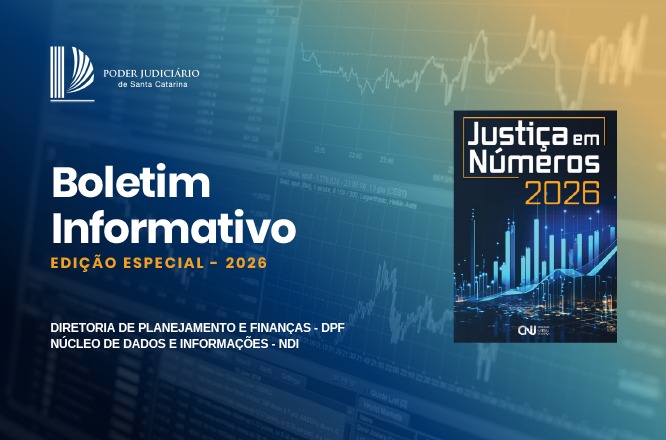 Arte horizontal: Boletim Informativo Justiça em Números 2026 traz gráficos em fundo azul e dourado.