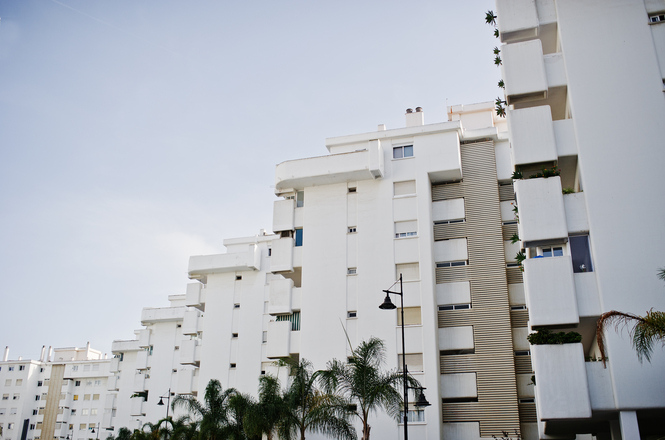 Foto horizontal: conjunto de edifícios residenciais brancos, com sacadas, janelas e palmeiras na área externa.